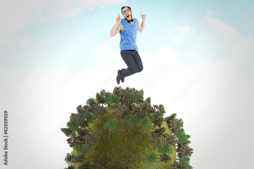 Aufkleber Composite image of geeky hipster jumping and smiling