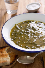 vegetable soup with bread and water