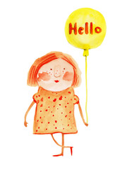 Girl with red hair with balloon. Watercolor