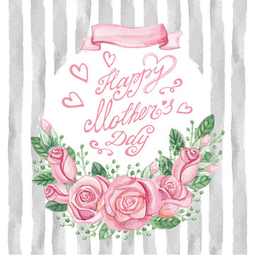 Watercolor pink roses bouquet,headline,strips.Mother day card