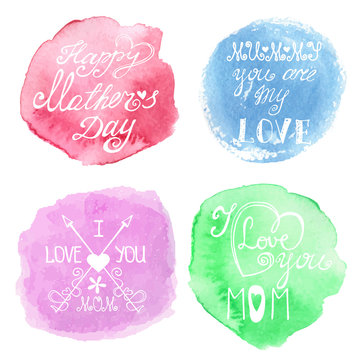 Watercolor pastel steins and headline.Mothers day cards
