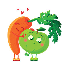 Carrots in love with the apple. Vegetables hug.