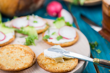Healthy snacks,crackers with cottage cheese and fresh vegetables