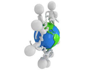 Small white people running around the world