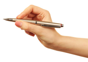 Naklejka premium Female hand with pen isolated on white