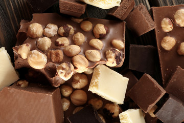 Set of chocolate with hazelnut, closeup