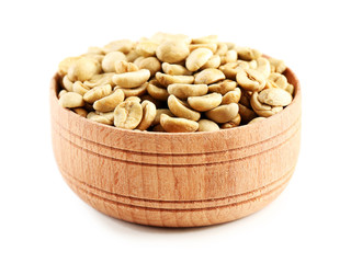 Coffee beans in small bowl isolated on white