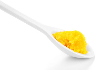 Laboratory spatula with granules isolated on white