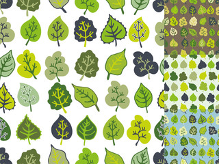 Green leaves seamless pattern set.Stylized leaf