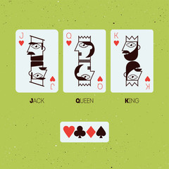 Jack, Queen and King. Stylized vector playing cards.