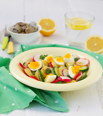 salad with cucumber, potatoes, radishes and eggs