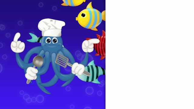 Funny squid octopus cook restaurant seafood ocean cartoon