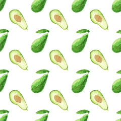 Seamless watercolor pattern with avocado on the white background