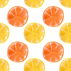 Seamless watercolor pattern with oranges and lemons on the white