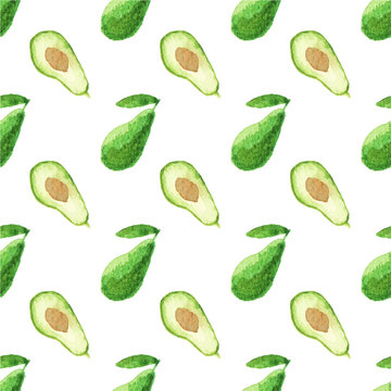 Seamless watercolor pattern with avocado on the white background