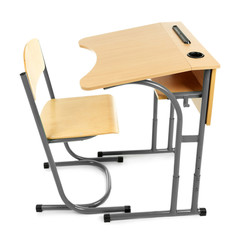 Wooden desk and chair isolated on white