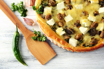 Cheese pie with mushrooms, herbs and sour creme,