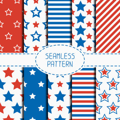 Obraz premium Set of geometric patriotic seamless pattern with red, white
