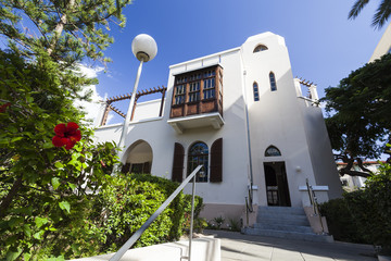 Facade and entrance in Bet Bialik House museum. Tel Aviv, Israel