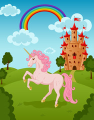 Unicorn with castle and rainbow