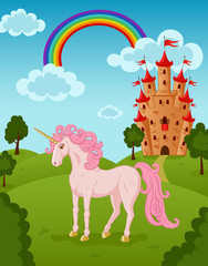 Obraz na płótnie Canvas Unicorn with castle and rainbow