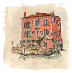 Venice - Grand Canal. Ancient building & gondola