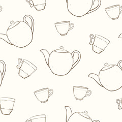 Seamless pattern with sketches cups and teapots