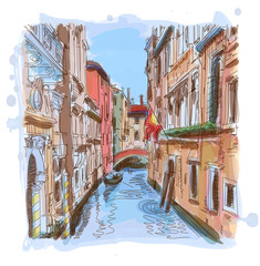Venice - water canal, old buildings & gondola away