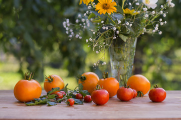 Wooden table with vegetables