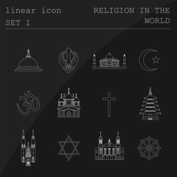 Outline icon set Religion in the world. Flat linear design