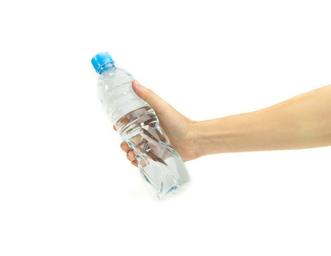 hand holding Bottle of water on white background