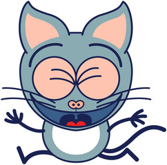 Funny gray cat celebrating and running enthusiastically