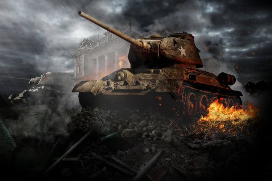 Premium Photo  Battlefield with broken tanks from world war ii destroyed  equipment dust and piles of debris