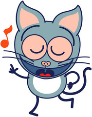 Cute gray cat singing and dancing enthusiastically