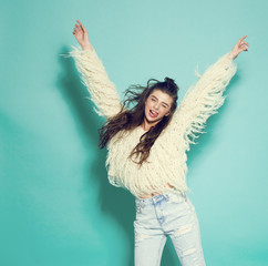 portrait of cheerful fashion hipster girl going crazy making - 82054158