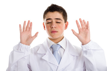 Open palms gesture by boy doctor