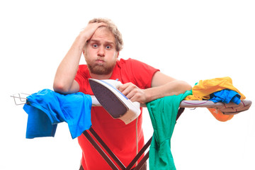 Man has a problem with ironing on board