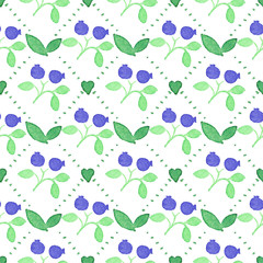 Seamless watercolor pattern with blueberries on the white