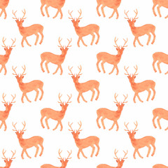 Watercolor seamless pattern with deers on the white background