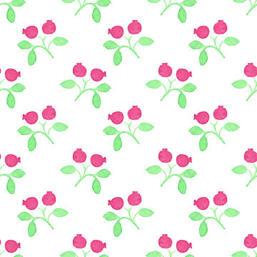 Seamless watercolor pattern with cranberries on the white