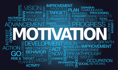 Motivation words tag cloud blue text