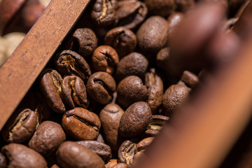 coffee beans, old wooden coffee