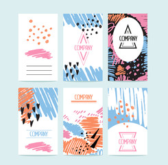 Hand drawn 6 cards with trendy textures and logotypes.