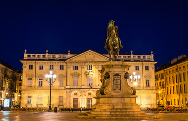 Fototapeta na wymiar Statue and Conservatory on Bodoni square in Turin - Italy