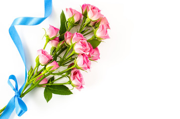 Empty white background with colorful flowers and blue ribbon