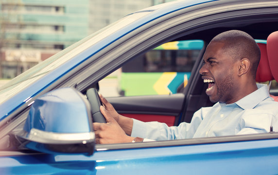 Angry Pissed Off Aggressive Young Man Driving Car Shouting