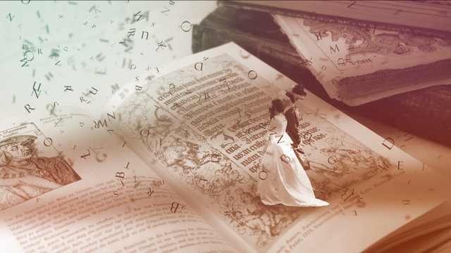 Unidentified couple walking over old books with falling letters.
