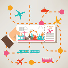 Obraz premium hand holding travel ticket, travel around the world concept, lan