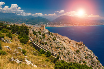 Beautiful panoramic view of Alanya castle at sunset.