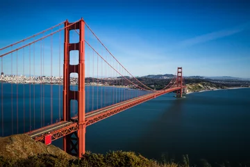 Poster San Francisco Golden Gate Bridge en stadsgezicht bij zonsondergang © heyengel